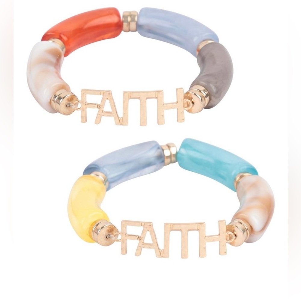 “Faith” statement bracelet, multicolor resin tubular stretch. Simple and pretty.